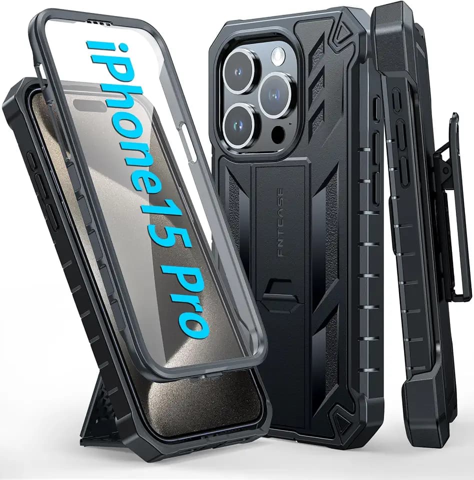 FNTCASE for iPhone 15 Pro Case with Belt Clip, Rugged Kickstand