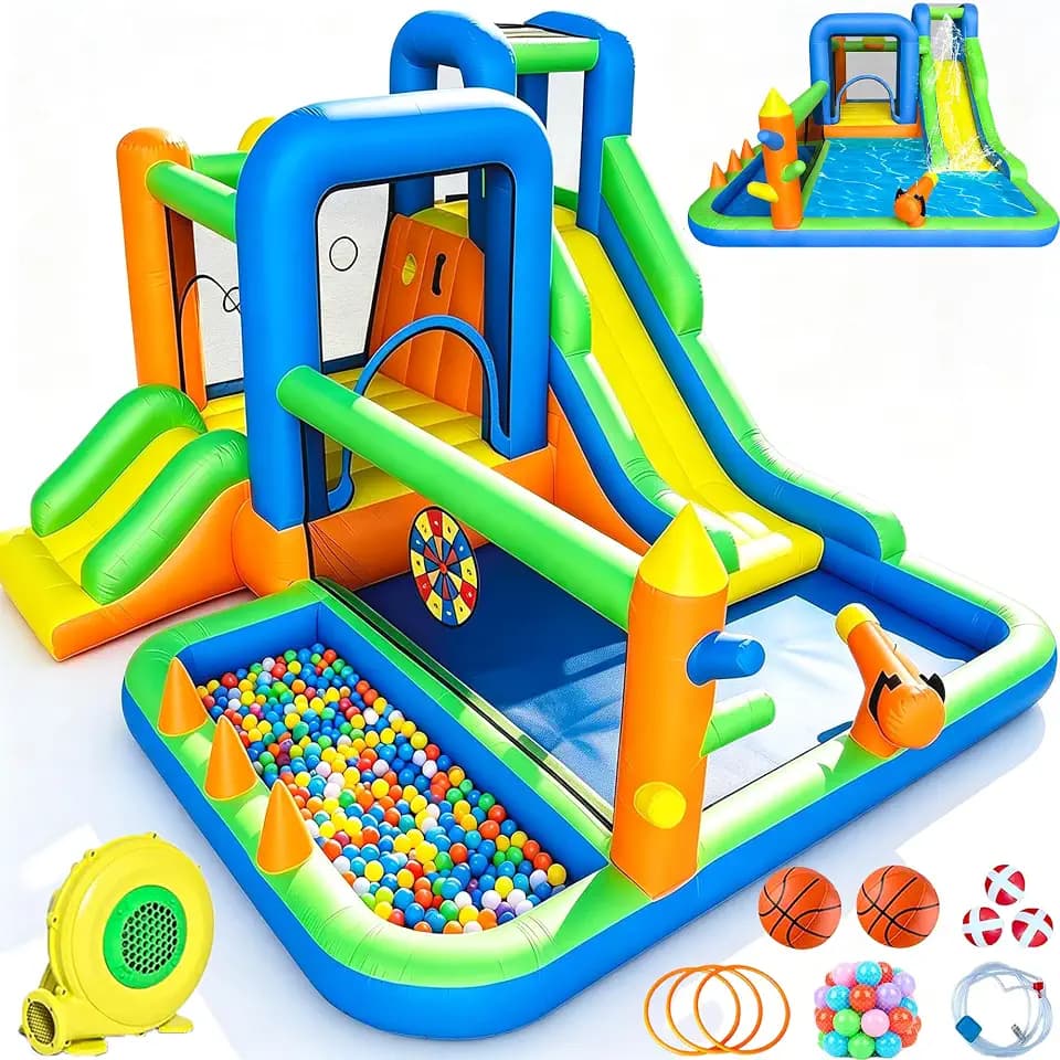Bounce House, 13-in-1 Inflatable Bouncy Castle with Blower for Kids, Wet and Dry Inflatable Bouncer with Slide, Climbing Wall, Water Hose, Ball Pit and Splash Pool for Indoor and Outdoor Use