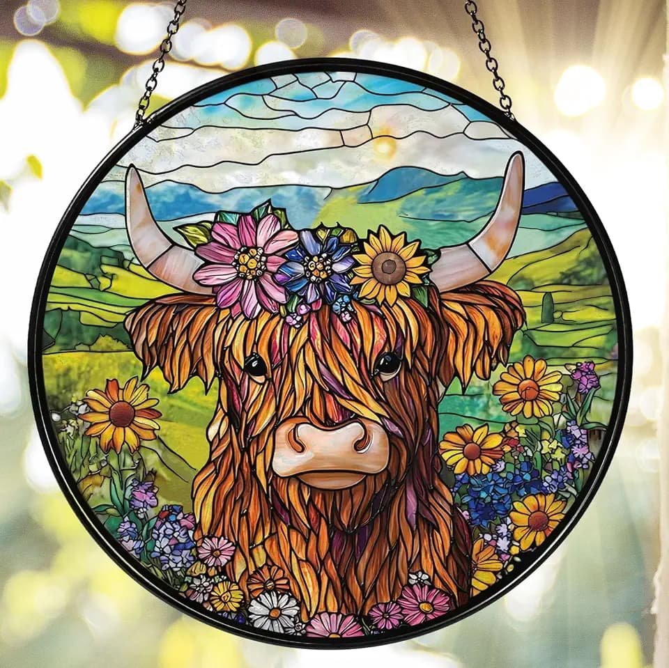 Flowers Highland Stained Glass Window Hanging Cow Sun Catcher Cowgirl Decor Highland Cow Gifts for Women Christmas Suncatchers for Home Windows Hanging Decoration, 7.87inch