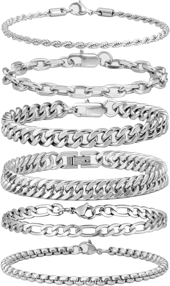 XIANNVXI 6pc Silver/Gold/Black Stainless Steel Bracelets for Men Gifts