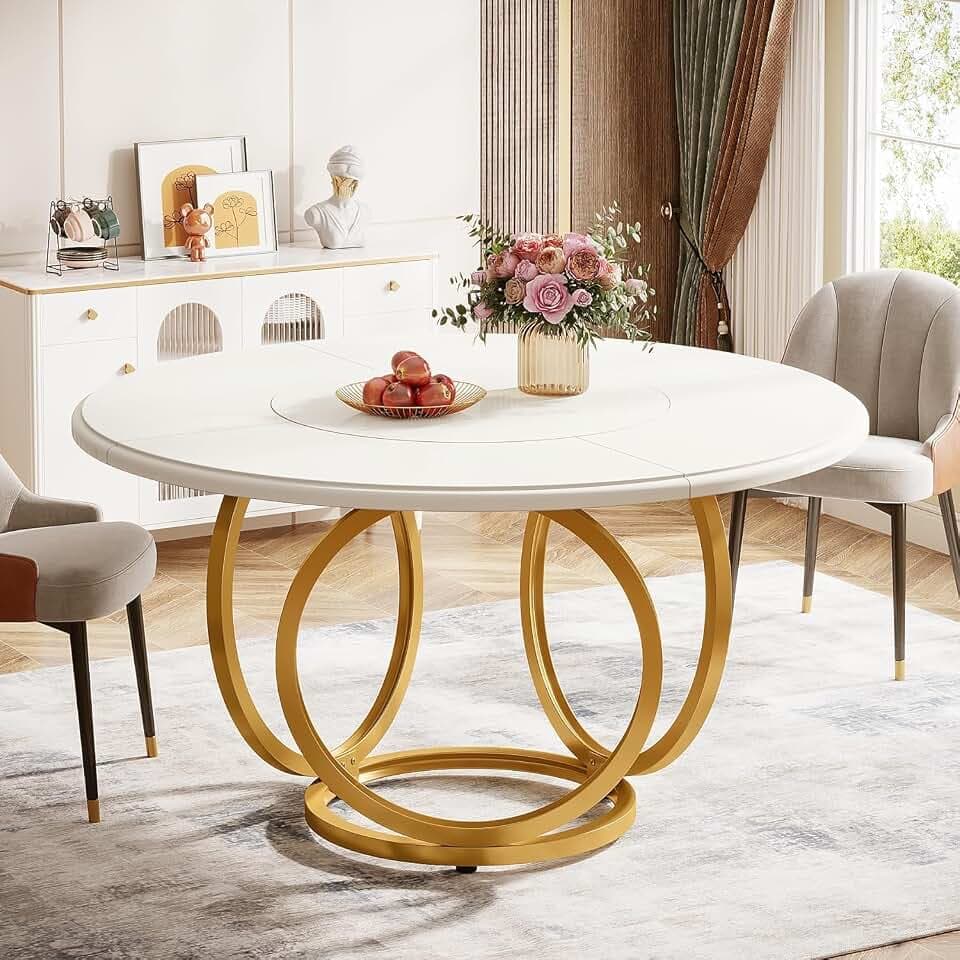 LITTLE TREE Esstisch Rund, moderner 120cm Küchentisch für 4-6 Personen, Couchtisch Beistelltisch mit 2 Ebenen & Metallrahmen für Wohnzimmer, Esszimmer und Küche, Weiß/Gold