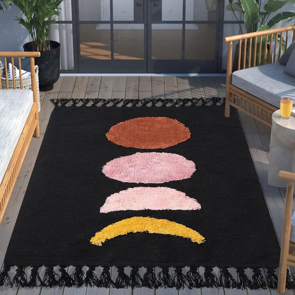 Teppich Wohnzimmer Groß 90x150cm, Boho Schwarz Mond Getuftet Baumwollteppich mit Gewebt Quasten, Waschbarer Teppich für Schlafzimmer Wohnzimmer Küche Esszimmer Kinderzimmer