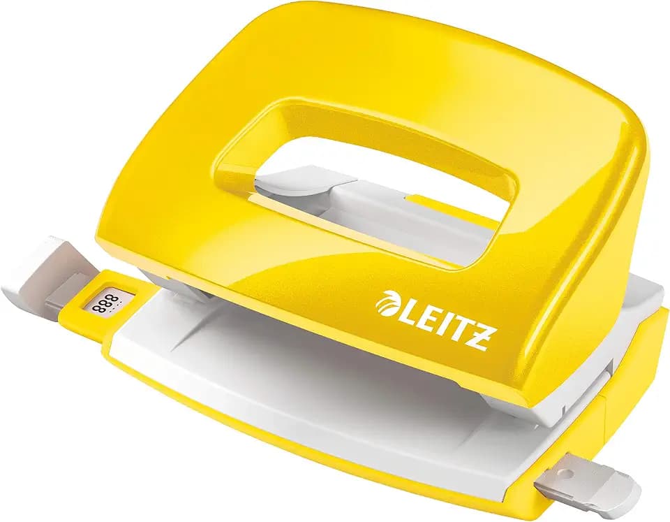 Leitz Mini Locher aus Metall, kleiner Locher für 10 Blatt, Metall, Anschlagschiene mit Formatangaben, Ergonomisches Design, gelb, WOW-Serie, 50601016