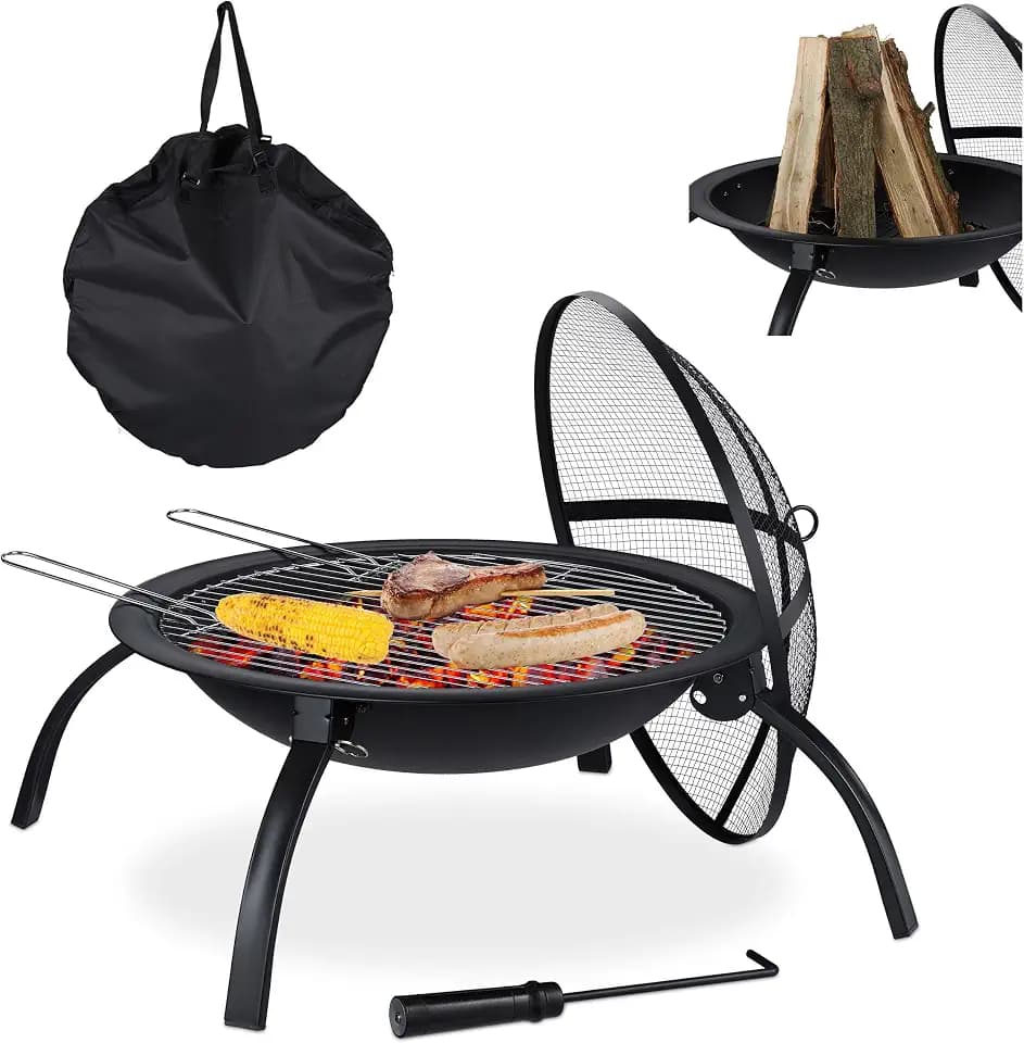 Relaxdays XL Feuerschale, Grill Rost, Schürhaken, Funkenschutz Deckel, Garten, Terrasse, Feuerstelle D 56,5 cm, schwarz