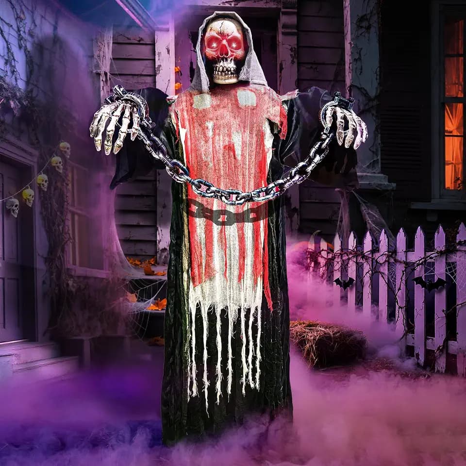 Halloween Decorations Outdoor, 6 Ft Large Animated Grim Reaper with Big Chain,Sound & Touch Activated with Creepy Sound - Scary Props House Decor for Garden Yard Lawn Indoor Decoration Animatronics