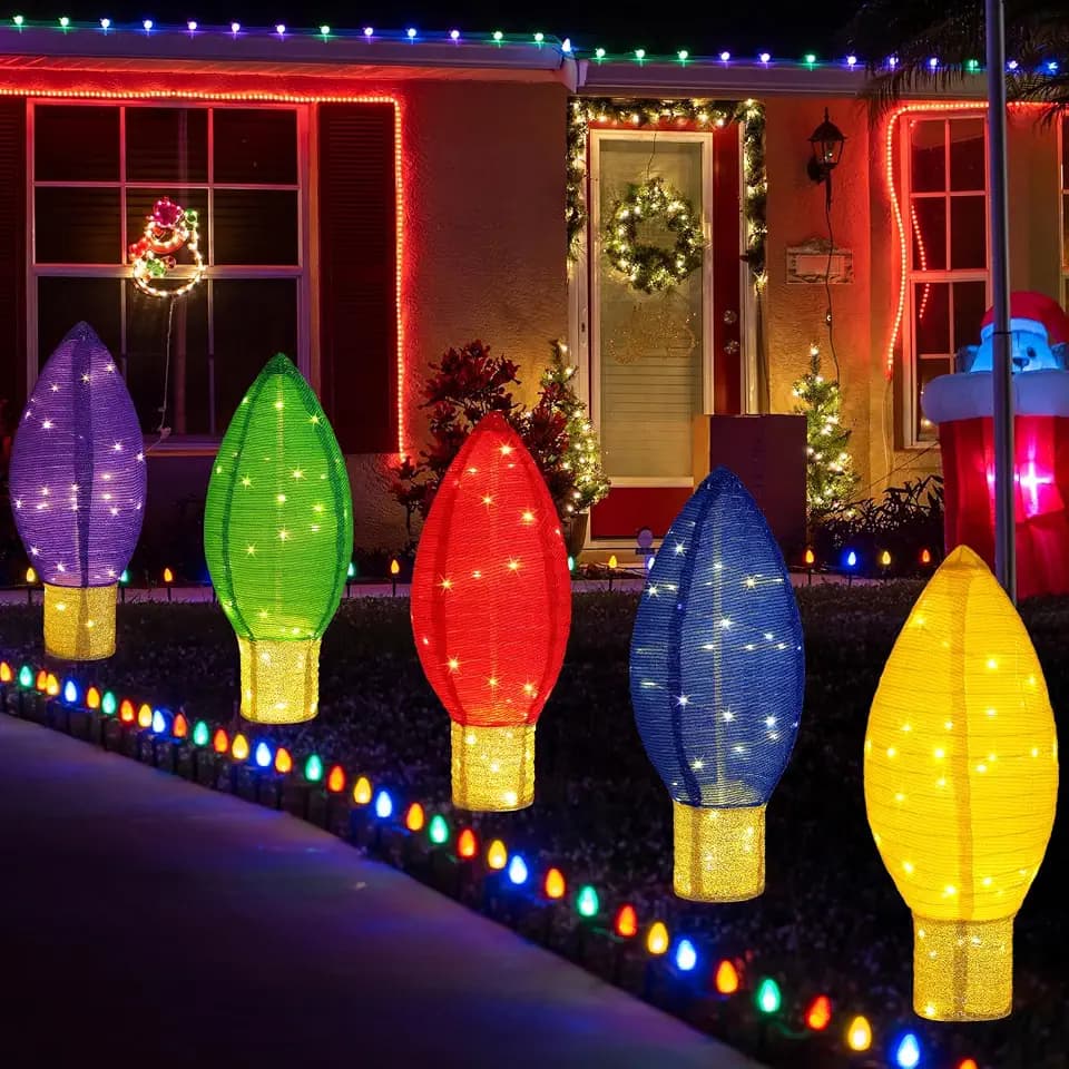 Tujoe 5 Pack Large Lighted Outdoor Christmas Decoration 2.4 ft Pop up Collapsible Christmas Bulb Giant Pre-lit Xmas Ornaments with LED Lights for Yard Garden Lawn (Red, Blue, Green, Purple, Gold)