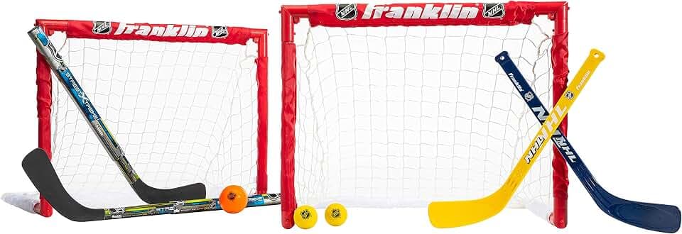 Franklin Sports - NHL Kids Folding Hockey Goals Set - (2) Street Hockey & Knee Hockey Goals - (2) Adjustable Youth Hockey Sticks, (2) Knee Hockey Sticks, (2) Mini Hockey Balls + (1) Street Hockey Ball