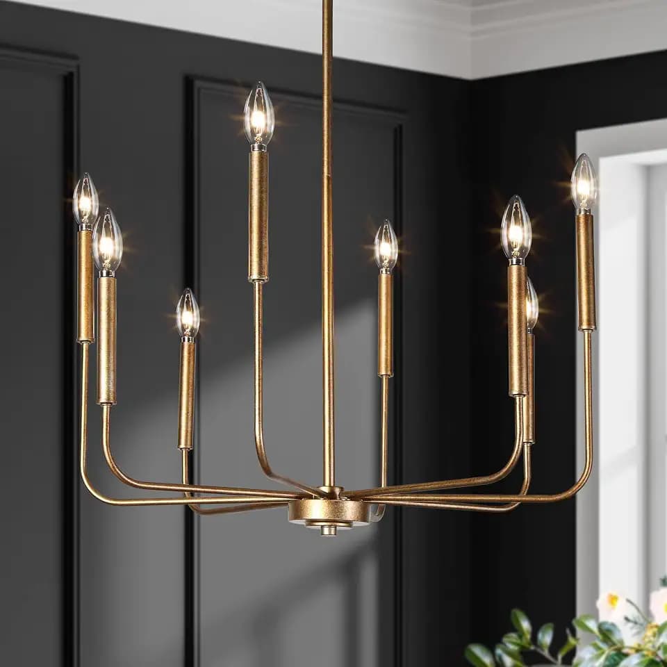 LOG BARN 27'' Aged Brass Chandelier, 8-Light Modern Antique Gold Dining Room Chandelier Over Table, Farmhouse Candlestick Chandeliers Hanging Light Fixture for Dining Room Living Room Bedrooms Foyer