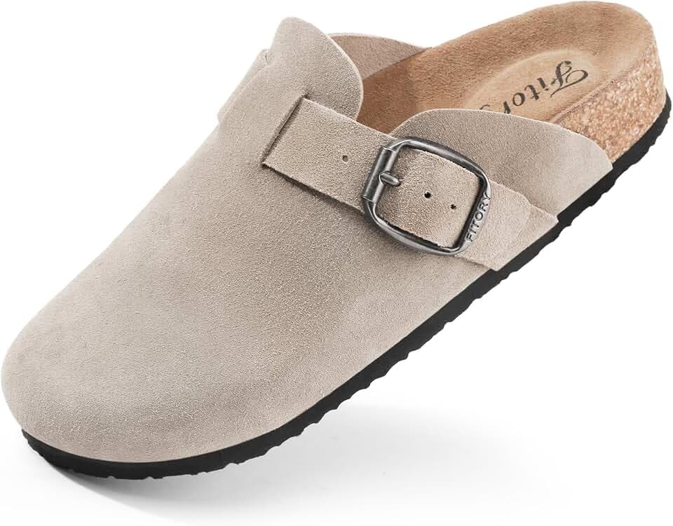 FITORY Womens Clogs Slip-on Potato Shoes Leather Mules Suede Cork Footbed