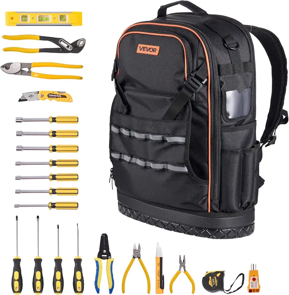 VEVOR Tool Backpack with Tools, 65 Pockets, Heavy-duty Tools Storage Organizer Bags with Laptop Compartment & Molded Base, Electrician Jobsite Backpack for Electrician, Repairman, and HVAC Techs