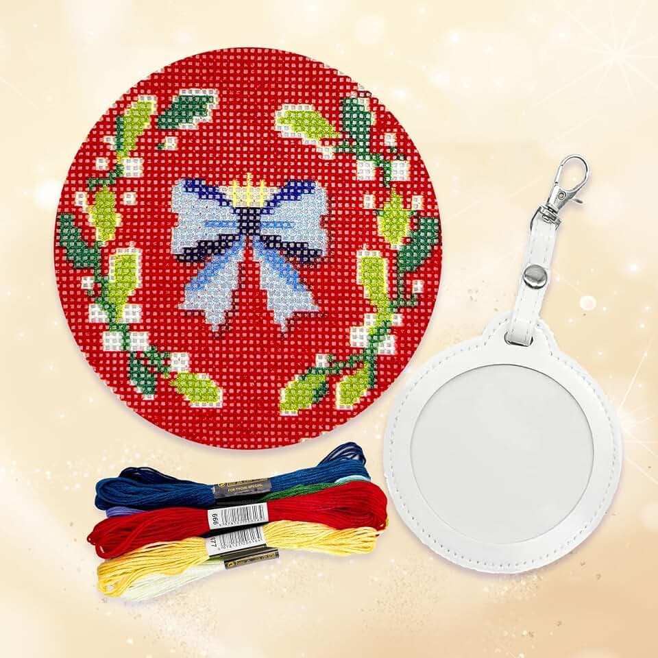 Howie's Needlepoint Round Keychain Needlepoint Kits, 18CT Printed Pattern Starter Kits, Stamped Patterns Canvas Kits(Bow, 3.3" Round)