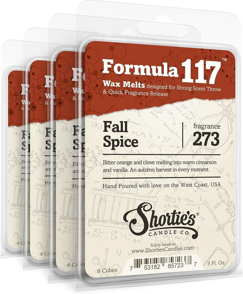 Shortie's Candle Company Fall Spice Premium Wax Melts 4 Pack - 12 Oz., Strong & Long Lasting, Non-Toxic - Made with Essential & Natural Oils - Formula 117