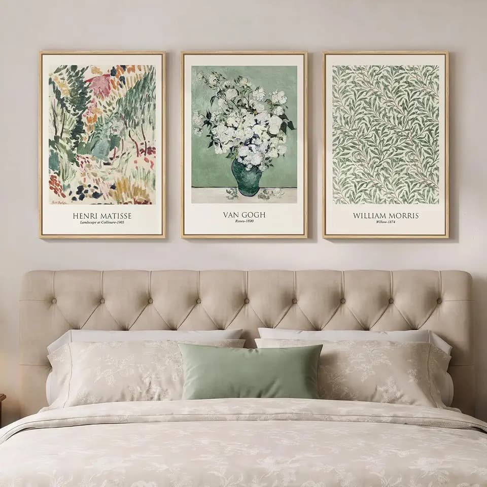 Framed Van Gogh Sage Green Botanical Canvas Wall Art Set of 3, 16x24 In