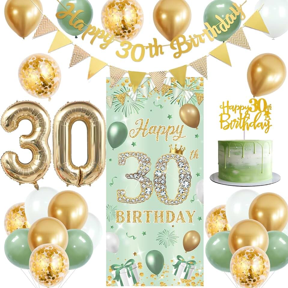 Holkcog 30th Birthday Decorations, Green Gold Happy 30 Years Old Banner Background ,40 Inch Gold Number Ballons ,Cheers To 30th Party Supply, 24pc Latex Balloon for 30 Birthday Decorations