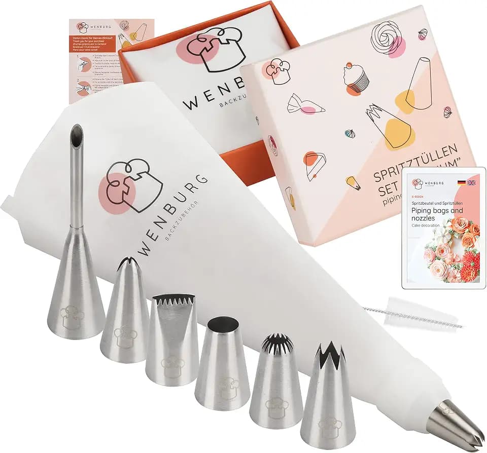 Wenburg Spritzbeutel Set Premium, 7 Große Spritztüllen - Baumwolle Spritztüte 35 cm - Adapter, Professionelle Edelstahl Aufsätze für Kuchen, Torten, Keksen-Dekoration Geschenk-Edition (Premium)