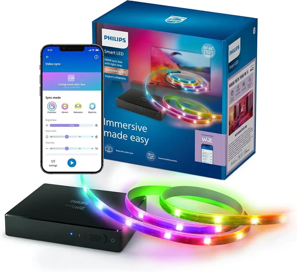 Philips Smart Lighting HDMI Sync Box m. TV-Backlight, RGBIC LED-Streifen für 40–50-Zoll-TVs, Synchr. m. Filmen, Musik, HDMI 2.0, 4K bei 60 Hz, Connected by WiZ, Externe Videoquelle Erforderl.