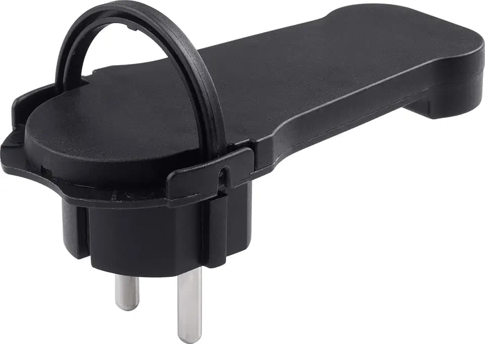 Meister Flachstecker schwarz - Mit Klappbügel - Geeignet für Leitungen mit 1,5 mm² Kabelquerschnitt - IP20 Innenbereich / Schutzkontakt-Winkelstecker extraflach / Schuko-Stecker / 7421080, 1 Stück