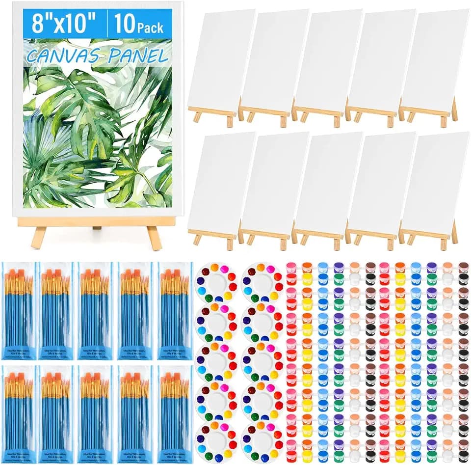 shynek 10er-Pack 20,3 * 25,4 cm Leinwandtafeln zum Malen, Kunstleinwand mit Staffelei zum Zeichnen mit 100 Stück sortierten Pinseln, Farbpaletten, 12-Farben-Acrylfarbe, Mini-Malset, für Erwachsene und