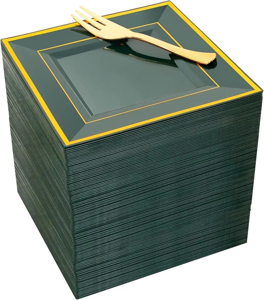 WDF 200PCS Green and Gold Plastic Dessert Plates with Plastic Forks -6’’ 100 Square Disposable Appetizer Plates Small Plates Cake Plates with Gold&100 Green Small Appetizer Forks for Wedding/Birthday