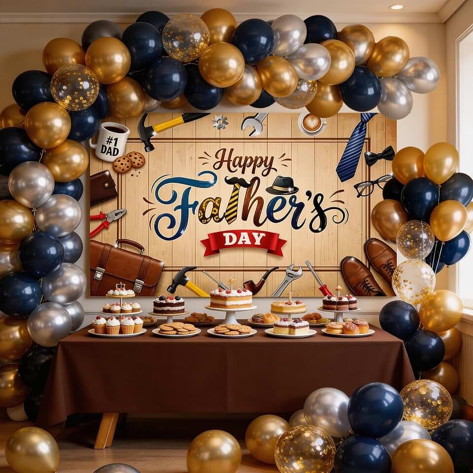 Father's Day Decorations 71 * 43in Backdrop with Tablecloth and 60PCS Balloon Garland Kit, Large Fabric Father’s Day Party Background Banner for Indoor Outdoor Family Celebration Photography.