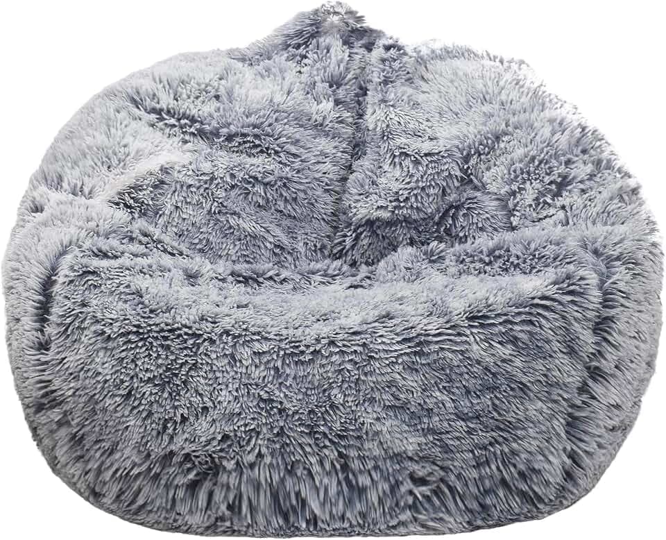 Fluffy Stuffed Animal Storage Bean Bag Chair Cover (No Filler), Faux Fur Comfy Bean Bag Cover for Organizing Plush Toys or Textile, for Adults Teens Kids Girls, Gray