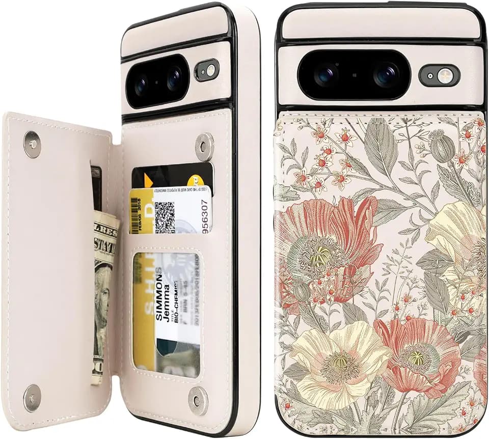uCOLOR for Google Pixel 8 Wallet Case with Card Holder Vintage Flowers