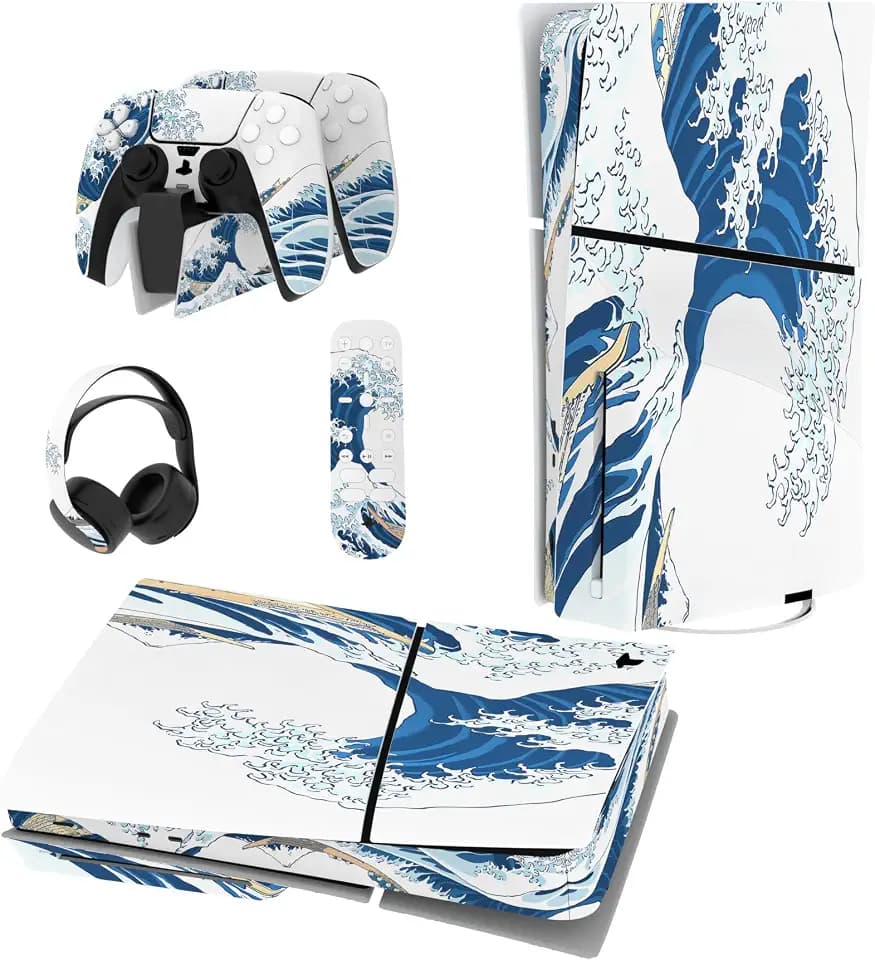 PlayVital Full Set Skin Sticker for ps5 Slim Console Disc Edition (The New Smaller Design), Vinyl Skin Decal Cover for ps5 Controller & Headset & Charging Station - The Great Wave Off Kanagawa