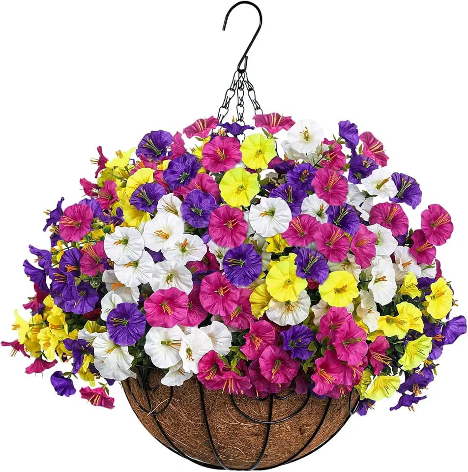 Artificial Hanging Flowers with Basket for Outdoors, UV Resistant Faux Silk Morning Glory with Eucalyptus Realistic Fake Hanging Plants for Spring Summer Outside Decor (Mixed Colors)