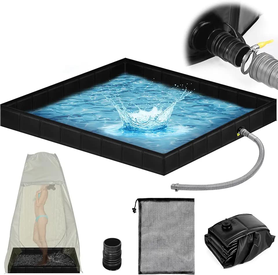 Upgraded Portable Shower Pan 41"x41"x5" - Heavy-Duty Non-Slip Base with Drain Hole & Mesh Storage Bag | Collapsible Camp Shower Tray for RV, Beach, Glamping | Leakproof Outdoor Bath Floor