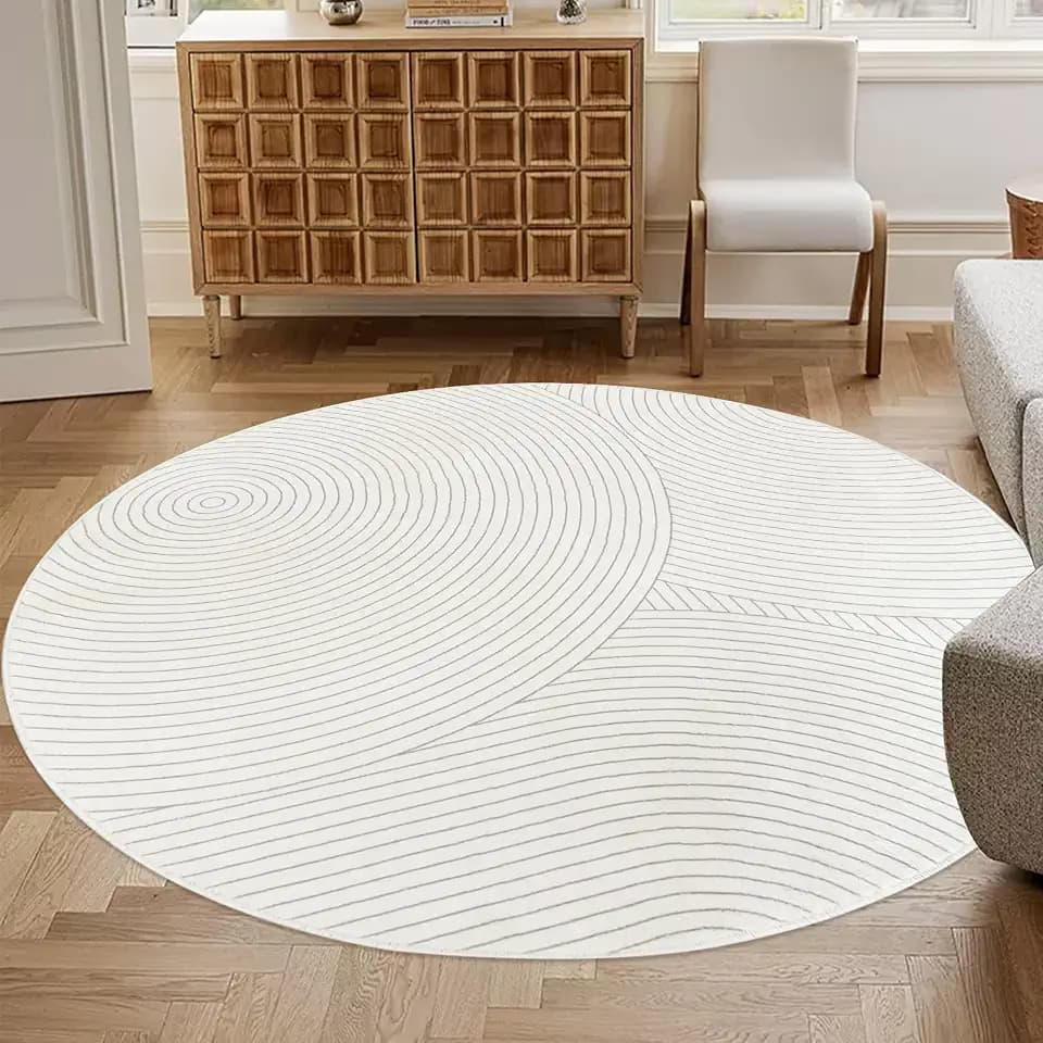 Modern Abstract Area Rug 5.3Ft Round Contemporary Line Carpet Non Slip Faux Wool Soft Circle Rug for Bedroom Dining Living Room Decor, Round