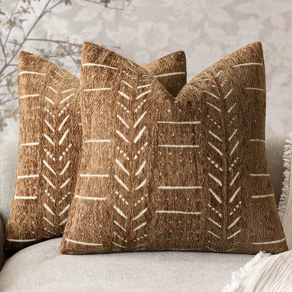 Home Décor Decorative Boho Accent Chenille Throw Pillow Covers, Textured Neutral Cushion Covers, Soft Farmhouse Pillowcase for Couch Sofa Bed Living Room, 18×18 Inch, Set of 2, Brown Orange