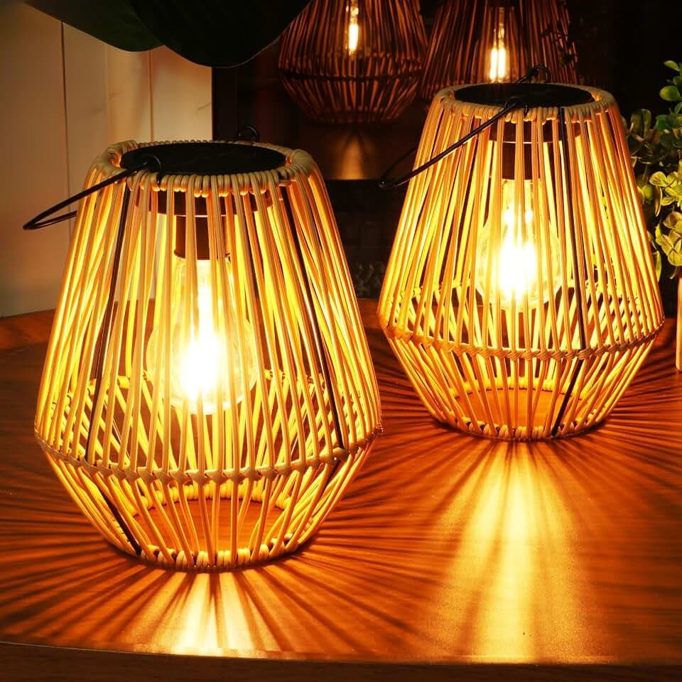 Homemory 2 Pack Rattan Lantern Solar Outdoor Waterproof Hanging Lights