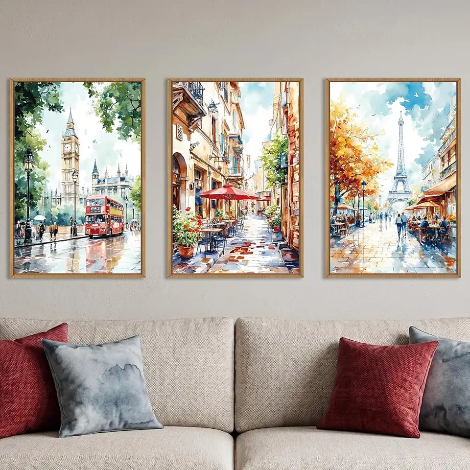 DRACIT Watercolor European Cityscape Framed Canvas Wall Art Set-24"x36"x3