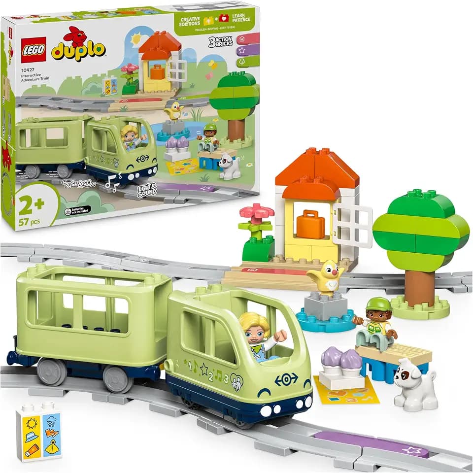 LEGO DUPLO Interaktive Abenteuer-Eisenbahn - Lernspielzeug für Kleinkinder ab 2 Jahren – 14 Gleisstücke, Aktionssteine mit Geräuschen und 4 Spielfiguren – Geschenkidee für Jungen & Mädchen - 10427