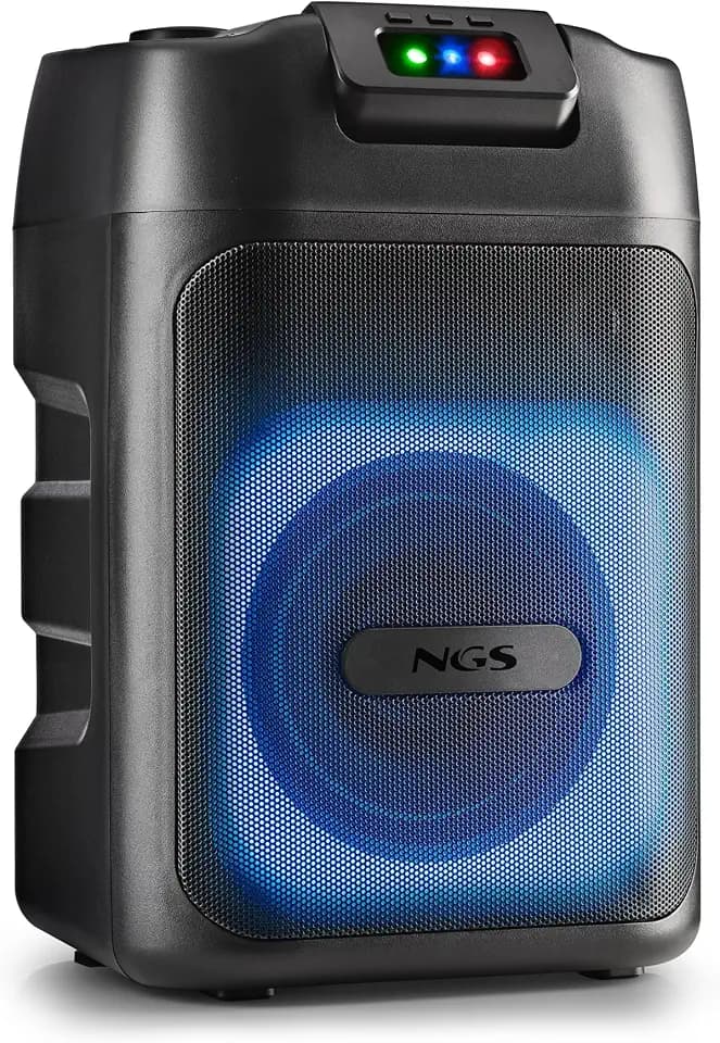 NGS Wild Club – Tragbarer Lautsprecher Fiesta Bluetooth 5.2, 80 W, Laser- und RGB-Lichter, 2 Karaoke-Mikrofoneingänge, 5400 mAh 6H-Akku, USB/AUX/TF
