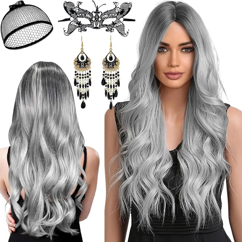 Halloween Perücke Damen, 68 cm Lange Perücke Grau mit Haarnetz