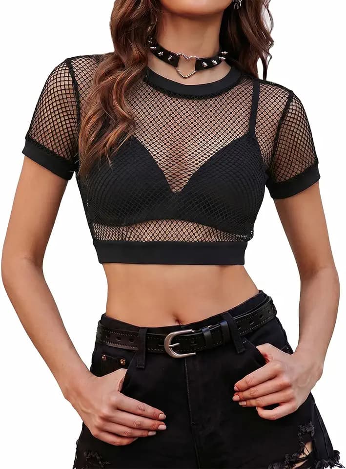 Avidlove Fishnet Top for Women Mesh See Through Shirt Rave Goth XS-2XL