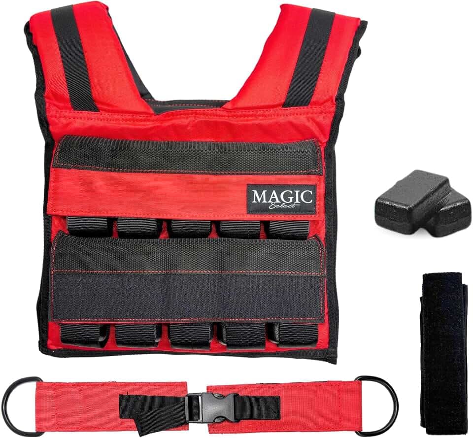 MAGIC SELECT Verstellbare Gewichtsweste. Trainingsgewichtsweste 20kg. Gewichtsweste Herausnehmbare Einstellbar aus Stoff und kompakt für Männer oder Frauen. Krafttraining, Heimgymnastik, Laufen. Rot