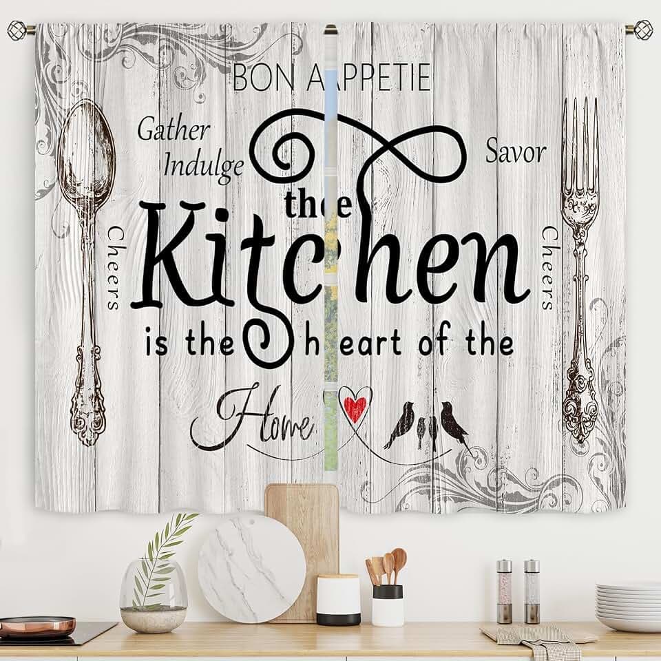 Riyidecor Farmhouse Küchenvorhänge, 140 x 99 cm, Stangentasche, rustikal, kurz, kleine Gabel und Löffel, Holzbrett, Retro, Vintage, Holz, Bedruckt, Wohnzimmer, Schlafzimmer, Fenster, Vorhänge,