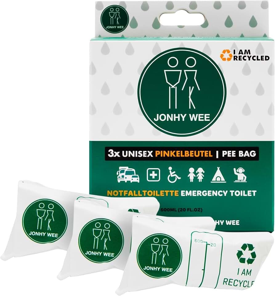 Jonhy Wee Pinkelbeutel Taschen-WC für Unterwegs 600ml 3 Stück - Notfall Toilette WC für Frauen, Kinder, Männer - Reisetoilette Auto - Camping Festival Toilette Frauen Urinal Unterwegs Urinbeutel
