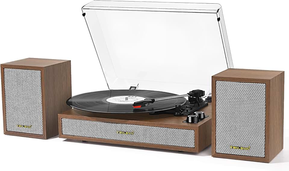 Vinyl Record Player with 2 External Speakers, Bluetooth Input, Tan