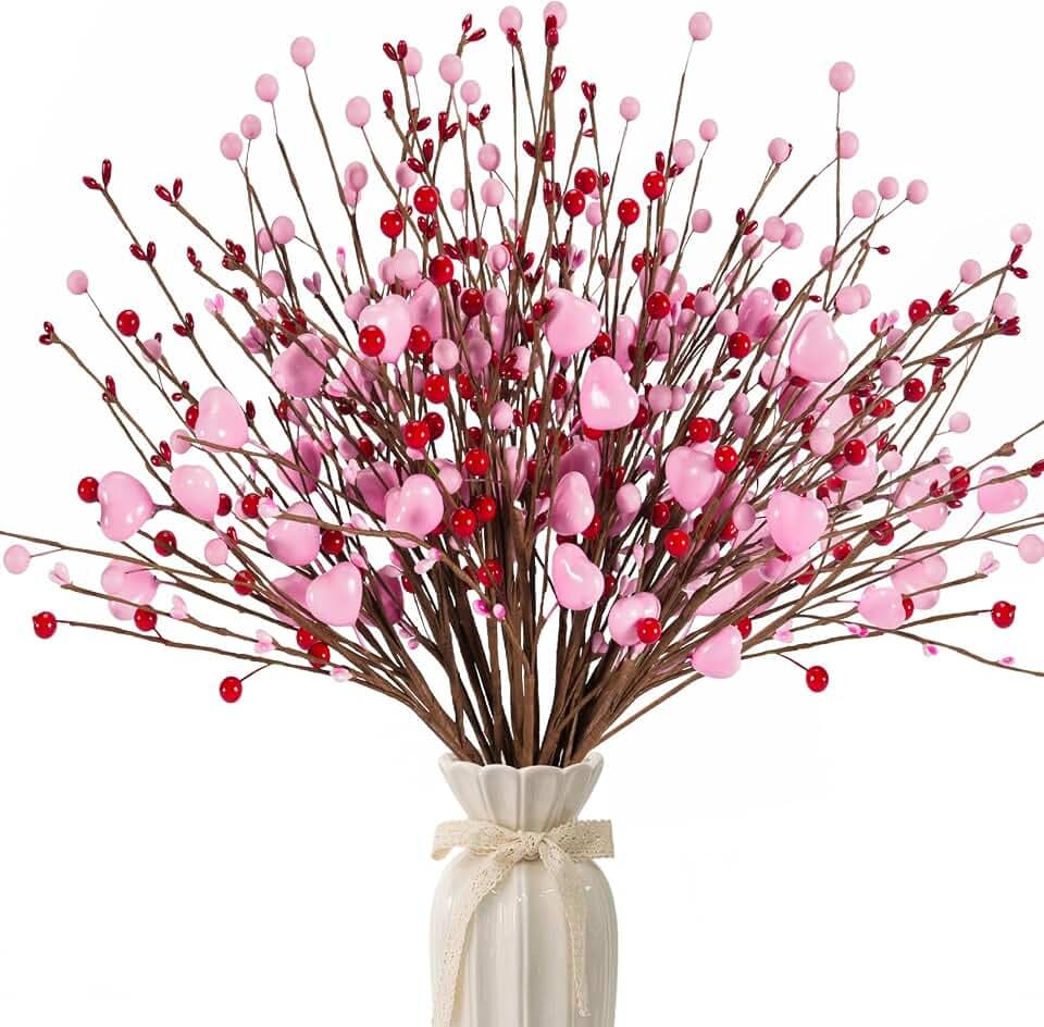 Valentines Day Decorations Valentine's Day Gifts 24 Pack Pink Heart Shaped Berry Picks with Red Berries for Valentine Wedding Candlelight Dinner Anniversary Decorations (Pink)