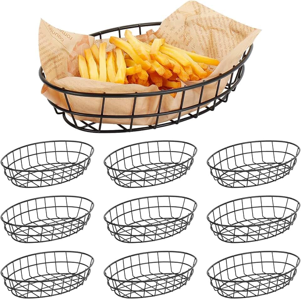10 Pack Fast Food Oval Baskets, Wire Bread Basket for Serving, Reusable Chip Burger Fruit Vegetables Bowl Storage for Kitchen Table, Restaurants, Snack Bar, Metal (Matte Black)
