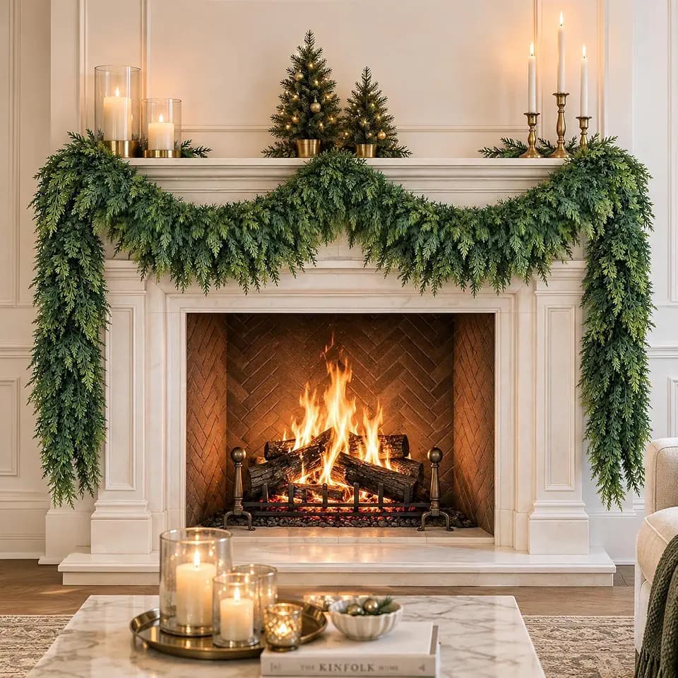 9FT Christmas Cedar Pine Garlands Realistic, Real Touch Winter Xmas Garland, Christmas Decorations Indoor Outdoor, Artificial Holiday Decor Faux Greenery for Mantle, Fireplace, Table