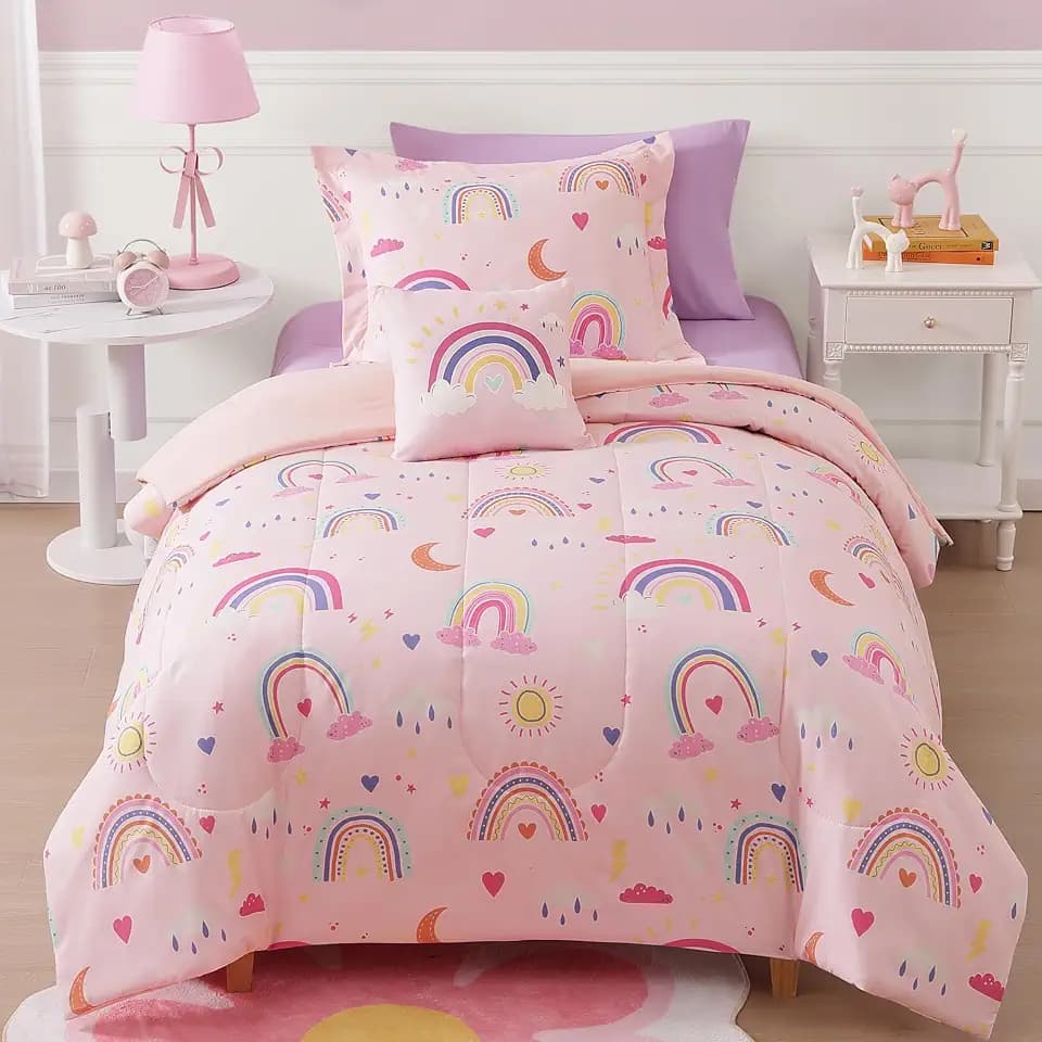 Twin Comforter Set for Girls - 3 Pieces Pink Rainbow Twin Bedding Sets