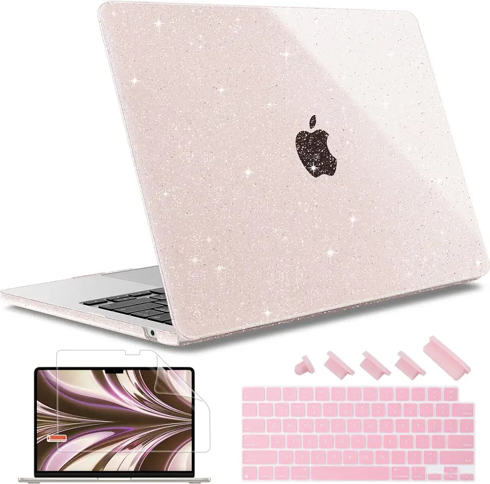 May Chen Case for MacBook Air 13/13.6-inch (M5/M4/M3/M2, 2022-2026 Models A3449 A3240 A3113 A2681), Lightweight | Closes Seamlessly | Ideal for Work Hard Shell Case, Sakura Pink Glitter