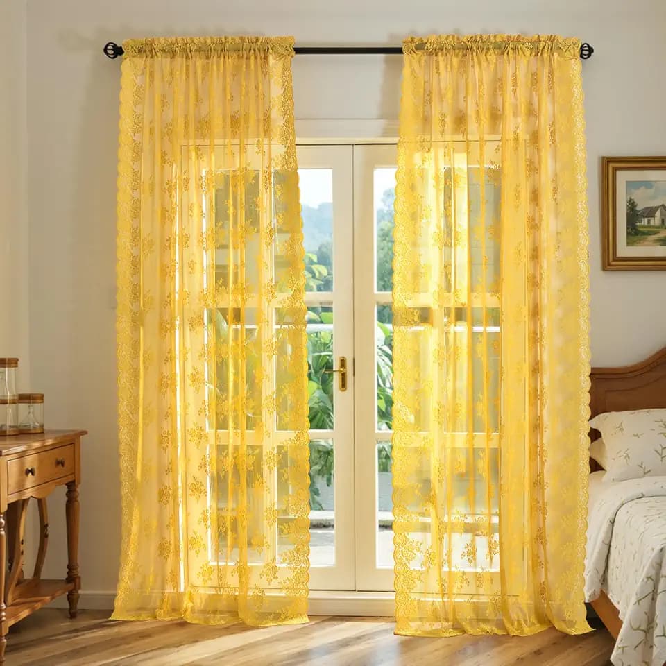 Kotile Mustard Yellow Floral Sheer Curtains for Bedroom 52x63 Inch 2 Panels