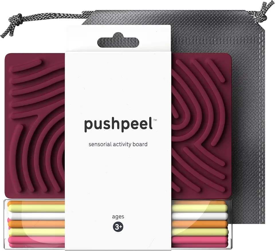 Pushpeel Sensory Activity Board - Silikon Fidget Toy zur Beruhigung bei Stress, Angst, ADHS & Autismus - Leise, sauber, für Kinder ab 3 Jahren & Erwachsene - Inkl. Reisetasche & 11 Strings - Beere