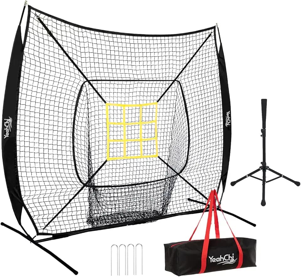 7x7 Ft Baseball and Softball Training Net with Batting Tee, Strike Zone Target, Portable Hitting and Pitching Practice Set