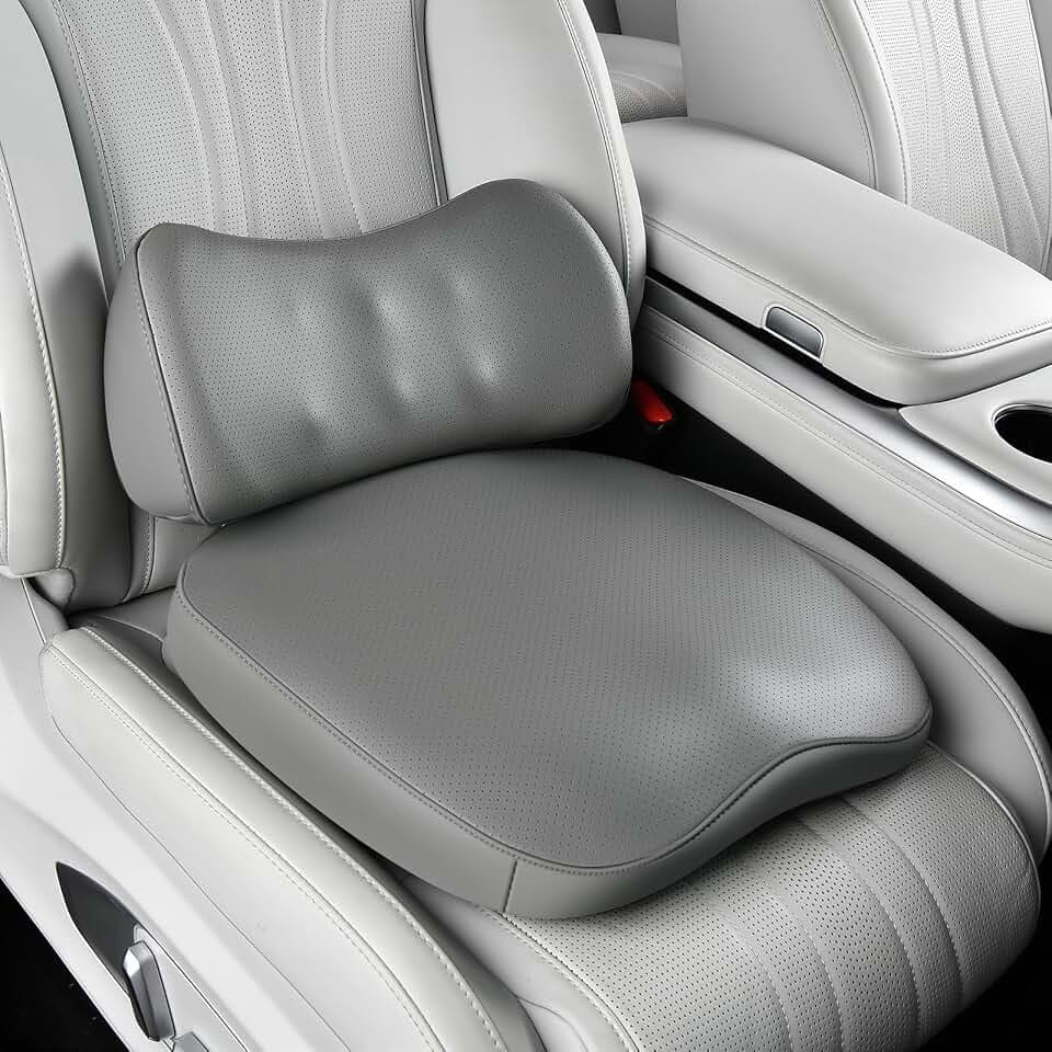 Coverado Memory Foam Car Seat Cushion and Lumbar Support Pillow for Driving Seat, Ergonomic Design Soft and Breathable PU Leather, High Density Memory Foam for Neck & Lower Back Pain Relie